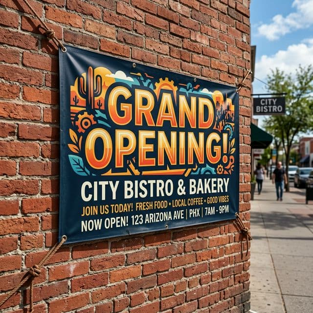 Large custom vinyl banner hung on a brick wall in Phoenix Arizona