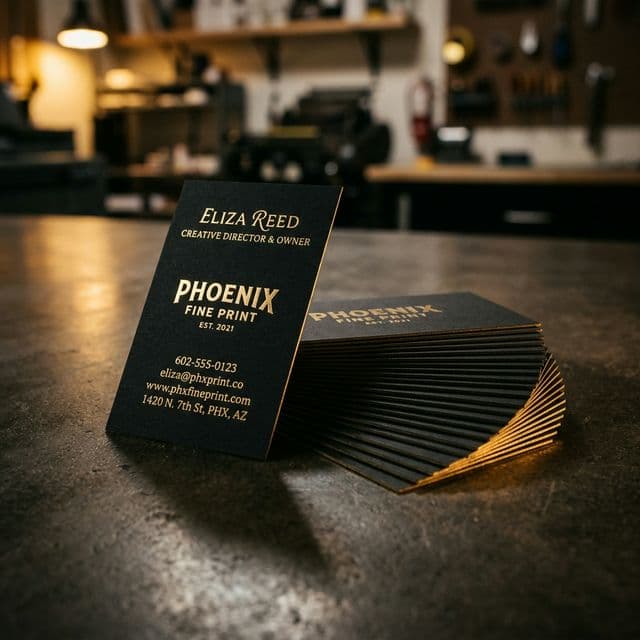 Premium matte black business cards with gold foil lettering printed by Print Junkie AZ in Phoenix